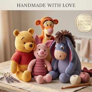 May include: Handmade crochet Winnie the Pooh characters, including Winnie, Tigger, Piglet, and Eeyore. The toys are in various colors, including yellow, orange, pink, and blue. The image includes the text "HANDMADE WITH LOVE" and a "LIMITED EDITION" seal.