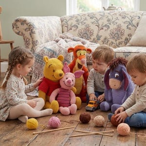 May include: A collection of handmade Winnie the Pooh character plush toys, including Winnie the Pooh, Piglet, Tigger, and Eeyore. The toys are made of yarn and are in a variety of colors, including yellow, pink, orange, and purple. The toys are sitting on a wooden floor.