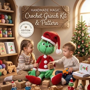 Grinchen Virkmönster PDF, Jul Amigurumi Docka Plyschleksak DIY Gåva Högtidsleksak