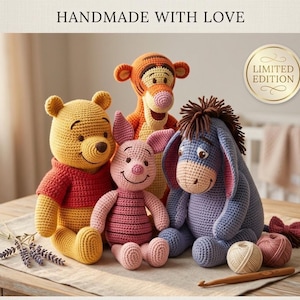 May include: Four handmade crochet stuffed animals including a yellow bear in a red shirt, a pink piglet, an orange striped tiger, and a blue donkey with a brown mane. The text HANDMADE WITH LOVE and a gold LIMITED EDITION seal are visible.