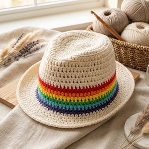May include: A cream-colored crochet fedora hat with a rainbow stripe around the crown. The hat is displayed on a wooden surface with a neutral-colored fabric background. The hat is a handmade item.