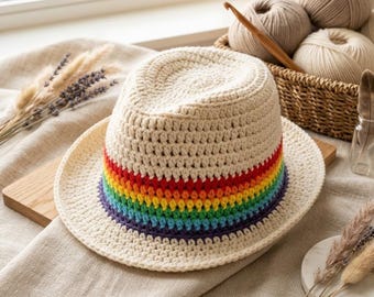 Patrón de gorro de cubo de ganchillo arcoíris en PDF / Gorro de sol para principiantes, bebé y adulto (descarga instantánea)