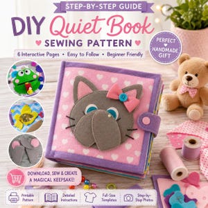 Puede incluir: Una guía de patrón de costura para un libro sensorial DIY con una cubierta de fieltro rosa que muestra una cara de gato gris y un lazo rosa. La cubierta tiene patrones de corazones blancos y un borde morado. Texto: STEP-BY-STEP GUIDE, DIY Quiet Book.
