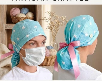 Patrón de costura PDF para gorro quirúrgico con coleta / Botón imprimible para gorro de enfermera (descarga instantánea)