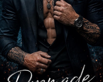 May include: A dark blazer worn over an unbuttoned black shirt, featuring a silver pendant necklace, a wristwatch, and visible arm tattoos. The image includes the white and blue text Premade BOOK COVER at the bottom against a dark, textured background.