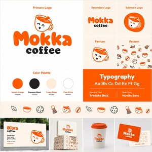 Puede incluir: Un kit de identidad de marca para Mokka Coffee que incluye un logotipo con una taza de café naranja sonriente, tipografía, una paleta de colores naranja atardecer, negro espresso, beige crema y blanco, además de maquetas de letrero, caja, taza y tarjeta.