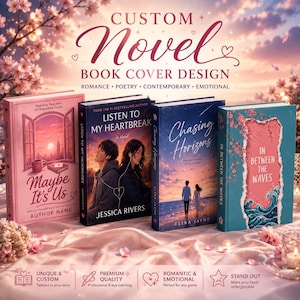 Puede incluir: Cuatro libros de tapa dura con diseños de portada personalizados dispuestos en fila. Los títulos incluyen Maybe It's Us, Listen to My Heartbreak, Chasing Horizons e In Between the Waves. Las portadas muestran ilustraciones de atardeceres y escenas.