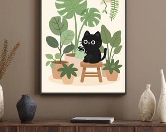 Poster chat noir abreuvant des plantes, oeuvre d'art murale botanique Monstera (téléchargement numérique)