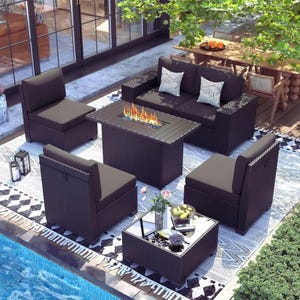 Patio Furniture Set with Fire Pit Table Outdoor Wicker Conversation Sofa Set Modern Backyard Poolside Seating