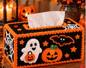 Halloween Tissue Box Cover Crochet Pattern PDF, Spooky Ghost Pumpkin Bat Decor, Black Orange Crochet Pattern, Halloween Home Decoration