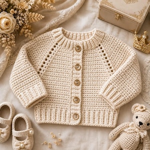 Peut inclure: Un cardigan à manches longues de couleur crème en tricot, doté d'une encolure ronde, de poignets et d'un ourlet côtelés, ainsi que de cinq boutons en bois ronds sur le devant. Le vêtement présente un motif texturé avec des détails ajourés le long des manches raglan.