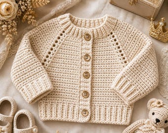 Classic Heirloom Baby Cardigan Crochet Pattern PDF, Top Down Raglan Baby Sweater, Newborn Cardigan, DK Yarn,Crochet Baby Sweater Pattern PDF