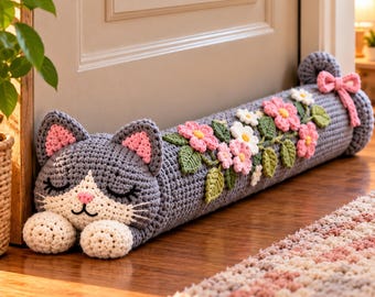 Crochet Cat Door Draft Stopper Pattern PDF, Floral Cat Door Snake, Handmade Home Decor, Daisy Flower Crochet Pattern, Amigurumi Pattern