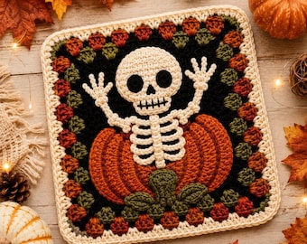 Halloween Crochet Coaster Pattern PDF, Skeleton Pumpkin Coaster, Spooky Crochet Pattern, Fall Table Decor, Gothic Coaster, Amigurumi Pattern