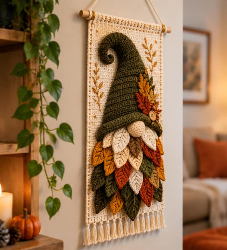 Op de afbeelding: Een rechthoekige cr&egrave;mekleurige gehaakte wandhanger met een kabouter met een hoge olijfgroene muts en een baard gemaakt van gelaagde, veelkleurige gehaakte blaadjes in tinten oranje, geel, bruin en groen, afgewerkt met een houten knoop.
