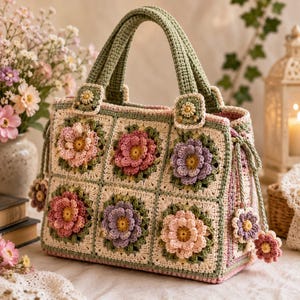 May include: A handmade crochet handbag featuring a square-patterned design with three-dimensional floral motifs in shades of pink, purple, and cream. The bag includes two sturdy green handles, a cream-coloured base, and decorative flower charms on the sides.