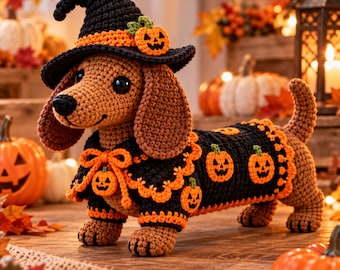 Halloween Dachshund Crochet Pattern PDF, Amigurumi Sausage Dog in Witch Costume, Pumpkin Dog Plushie, Spooky Fall Crochet Pattern Amigurumi