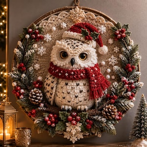 Puede incluir: Un adorno de pared circular con un búho blanco de ganchillo que lleva un gorro de Papá Noel y una bufanda roja. El búho está centrado sobre un tapete de encaje, rodeado por una corona de ramas de pino, bayas rojas y copos de nieve.