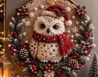 Crochet Christmas Owl Wreath Pattern PDF, Festive Owl Door Hanging, Holiday Crochet Wreath, Christmas Home Decor, Amigurumi Owl Pattern PDf