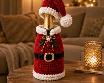 Puede incluir: Una funda de botella tejida a ganchillo con diseño de traje de Papá Noel, que presenta un cuerpo rojo con cinturón negro, hebilla dorada, ribete blanco y un gorro de Papá Noel a juego con un pompón y un pequeño adorno de acebo.