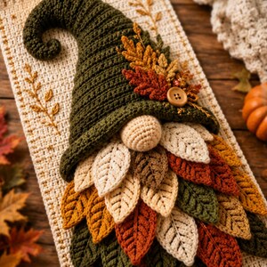 Op de afbeelding: Een gehaakte kabouter wandhanger met een hoge, donkergroene puntmuts met een gekrulde punt, versierd met stoffen herfstbladeren en een houten knoop. De kabouter heeft een ronde beige neus en een baard gemaakt van gelaagde, gehaakte bladeren.
