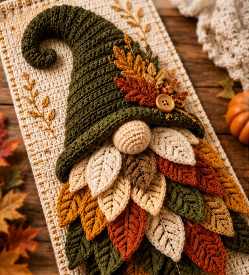 Op de afbeelding: Een gehaakte kabouter wandhanger met een hoge, donkergroene puntmuts met een gekrulde punt, versierd met stoffen herfstbladeren en een houten knoop. De kabouter heeft een ronde beige neus en een baard gemaakt van gelaagde, gehaakte bladeren.