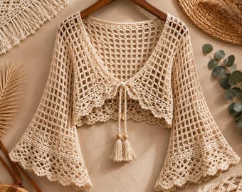 Boho Lace Shrug Crochet Pattern PDF,Bell Sleeve Bolero Pattern,Filet Mesh Crochet Top,Festival Cardigan, Crochet  Bolero Desain Pattern PDF