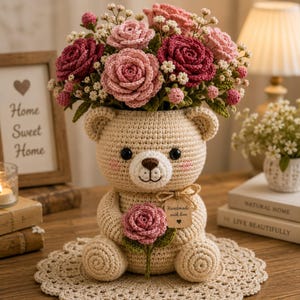 May include: A beige crocheted teddy bear figurine holding a single pink rose. The bear serves as a container for a bouquet of crocheted roses in shades of pink and deep red, accented with small white flowers and green leaves. A tag reads Handmade with love.