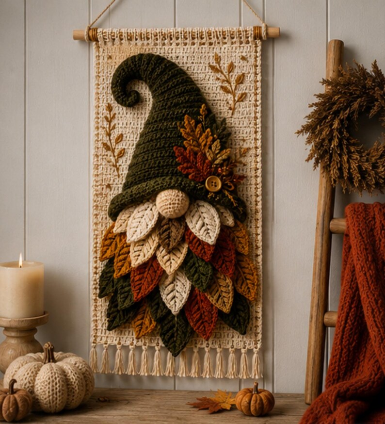 Op de afbeelding: Een wandhanger met een gehaakte kabouter met een donkergroene muts, een ronde neus en een baard van gelaagde, veelkleurige gehaakte bladeren in cr&egrave;me, oranje, bruin en groen, opgehangen aan een houten stok met een touwtje.