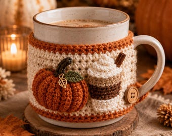 Autumn Pumpkin Mug Cozy Crochet Pattern PDF, Fall Coffee Cup Sleeve, Thanksgiving Mug Cozy, Pumpkin Applique, Instant Download