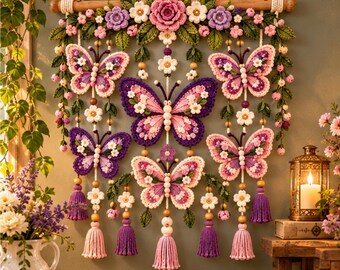Butterfly Crochet Wall Hanging Pattern PDF, Floral Butterfly Macrame Style Decor, Crochet Home Decor, Boho Wall Hanging, Instant Download