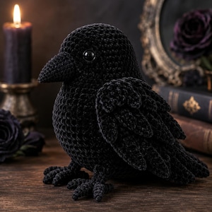 Könnte beinhalten: Ein schwarzes Häkel-Raben-Stofftier mit strukturiertem Garnkörper, einem spitzen Schnabel und glänzenden schwarzen Augen. Der Vogel ist mit aufwendigen Stichen gefertigt, die die Flügel und Federn definieren, und steht auf kleinen, detaillierten Häkelfüßen.