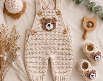 Bear Baby Booties & Overalls Crochet Pattern PDF, Amigurumi Baby Outfit, Newborn Romper, Baby Shower Gift, DIY Set, Baby Booties Desain PDF