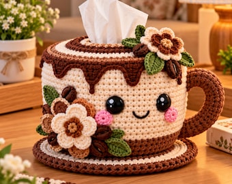 Crochet Coffee Cup Tissue Box Cover Pattern PDF, Cute Amigurumi Coffee Mug, Floral Tissue Holder, Cozy Home Decor, Amigurumi Tissue Box Pdf