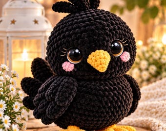 Puede incluir: Un pájaro de peluche tejido a ganchillo en color negro con cuerpo redondo, grandes ojos marrones con pestañas largas, pico amarillo y patas amarillas. El peluche presenta pequeñas manchas circulares rosas en las mejillas y un mechón de lana negra.