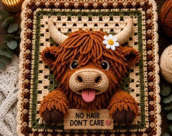 Highland Cow Granny Square Wall Hanging Crochet Pattern PDF, 3D Cow Wall Decor, Amigurumi Farmhouse Decor, Crochet Pattern Cow wall Art PDF