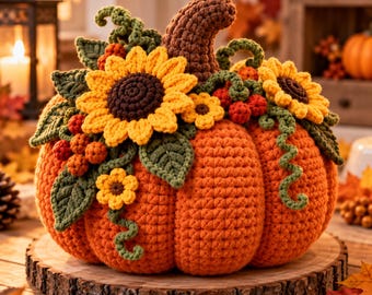 Crochet Pumpkin Pattern PDF, Sunflower Pumpkin Crochet Pattern, Autumn Harvest Centerpiece, Fall Home Decor, Rustic Thanksgiving Decor