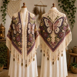May include: Two crochet shawls displayed on mannequins, featuring intricate butterfly and floral motifs in cream, purple, and green yarn. The triangular shawls have long cream-colored fringe along the edges, accented with small metallic leaf-shaped charms.