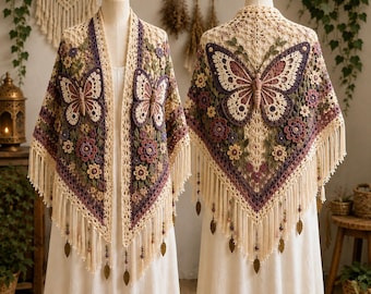 Puede incluir: Dos chales de ganchillo expuestos en maniquíes, con intrincados motivos de mariposas y flores en hilo color crema, morado y verde. Los chales triangulares tienen largos flecos color crema en los bordes, acentuados con pequeños dijes metálicos.