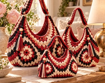 Crochet Granny Square Bag Pattern PDF, Floral Crochet Handbag, Boho Tote Bag Pattern, Red Black Cream Crochet Purse, Digital Download