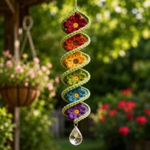 Rainbow Helix Floral Wind Spinner Crochet Pattern PDF, Hanging Flower Mobile, Garden Wind Spinner DIY,Outdoor Decor Pattern,Garden Decor PDF