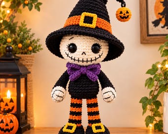 Halloween Skeleton Witch Crochet Pattern PDF, Spooky Amigurumi Doll, Witch Hat Pumpkin Plushie, Halloween Crochet Decor,Crochet Doll Pattern
