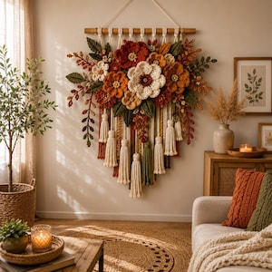 May include: A wall hanging featuring a large arrangement of crocheted flowers in shades of red, orange, yellow, and cream, accented with green crocheted leaves and foliage, suspended from a wooden rod with hanging macrame cords and tassels.
