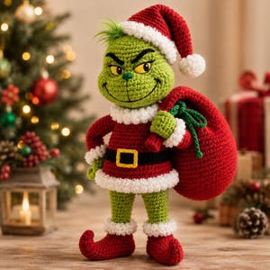 May include: A crocheted green creature doll wearing a red Santa hat with white trim, a red coat with white fur-like cuffs and hem, a black belt with a yellow buckle, and red curled-toe shoes, carrying a large red sack over one shoulder.