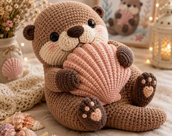 Puede incluir: Un peluche de nutria tejido a ganchillo en color marrón y crema que sostiene una concha marina grande, texturizada y de color rosa claro. La nutria tiene patas marrón oscuro con almohadillas rosadas en forma de corazón y ojos negros.