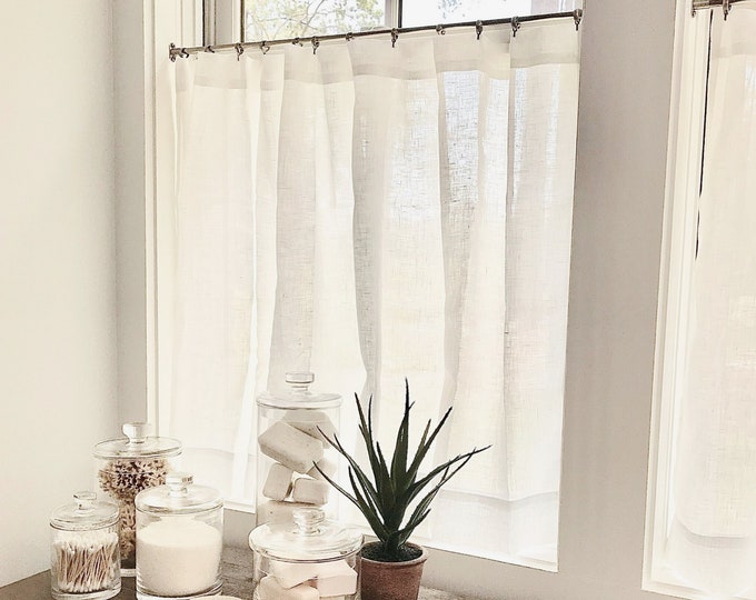 Featured listing image: Custom made curtains in 100% linen MANY sizes for rod pocket or clips, custom cafe curtain, linen cafe curtain, custom curtain panel