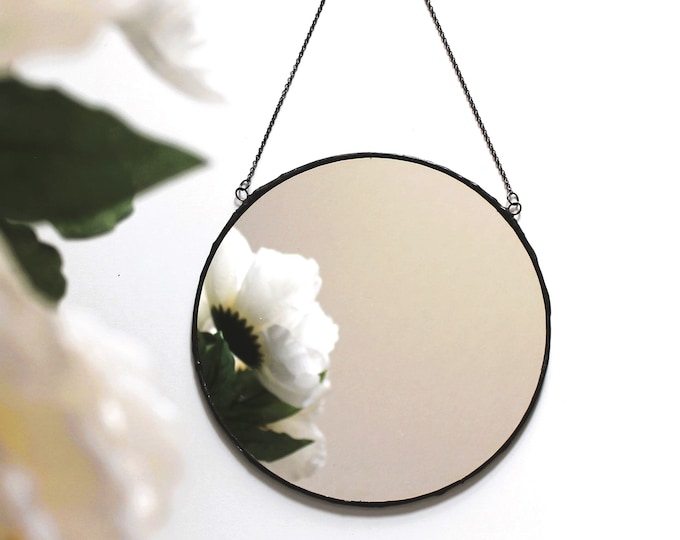 Featured listing image: Boho mirror 6" round mirror wall decor, Black frame, Handmade unique mirror home decor, Stained glass mirror, Scandinavian style