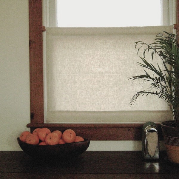 Modern Minimalist Flat Panel Cafe Curtain in PURE linen - no imitation fabric - for kitchen, bathroom, living room, tension rod or clips