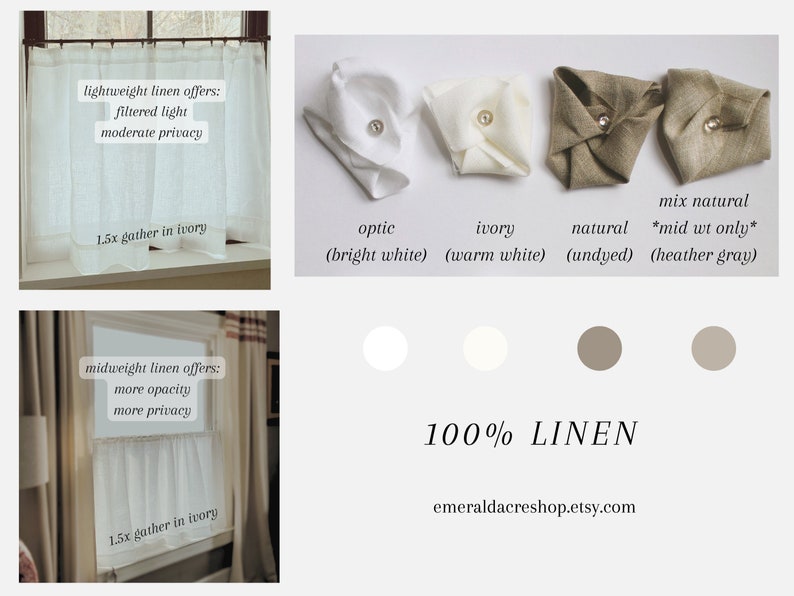 Custom made curtains in 100% linen MANY sizes for rod pocket or clips, custom cafe curtain, linen cafe curtain, custom curtain panel 4x4 swatch pack inches