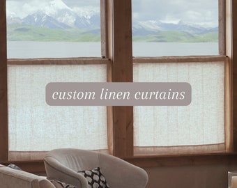 Flat Panel Linen Cafe Curtains - no gather - custom made - natural flax linen - for kitchen, bathroom, living room, tension rod or clips